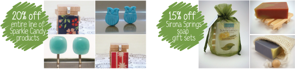 20% off entire line of Sparkle Candy, and 15% off of Sirona Springs soap gift sets at Modern Mouse!