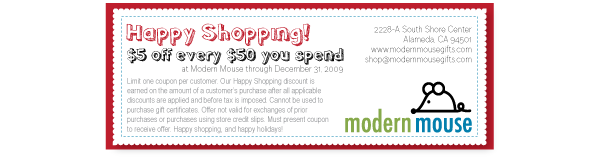 Get $5 off every $50 you spend, now through 12/31/09 with this coupon.